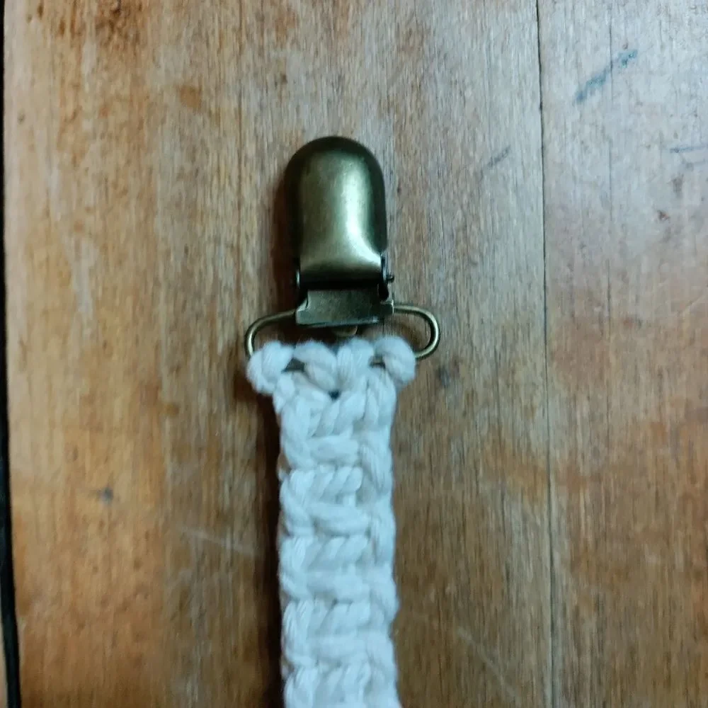 Baby teething ring pacifier clip handmade handwoven cream wooden ring new